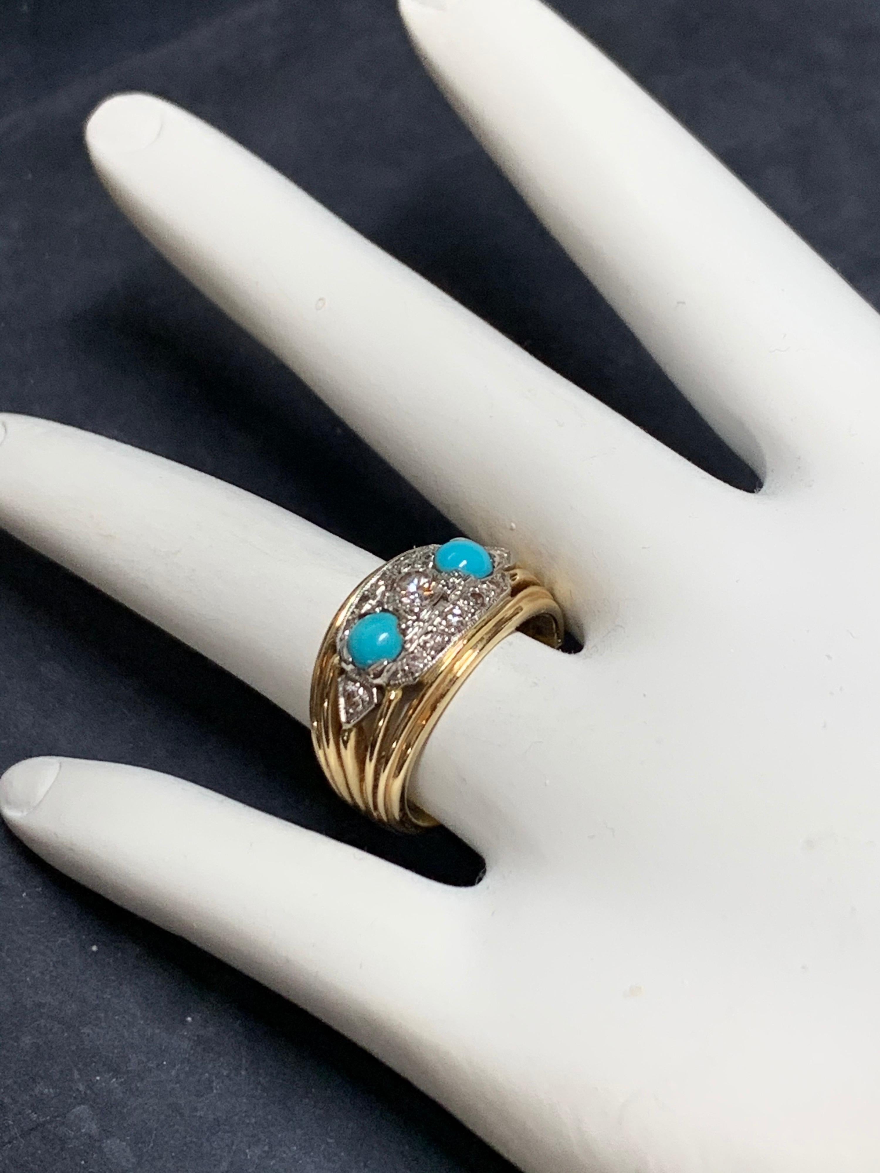 Round Cut Retro Birks Gold Cocktail Ring 0.45 Carat Natural Diamond & Turquoise circa 1960 For Sale