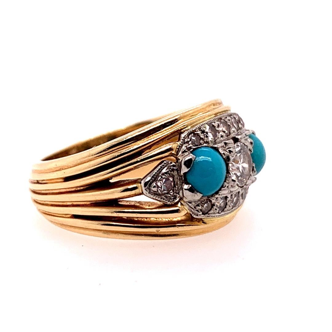 Retro Birks Gold Cocktail Ring 0.45 Carat Natural Diamond & Turquoise circa 1960 In Good Condition For Sale In Los Angeles, CA