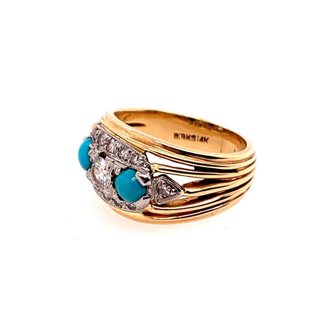 Women's Retro Birks Gold Cocktail Ring 0.45 Carat Natural Diamond & Turquoise circa 1960 For Sale