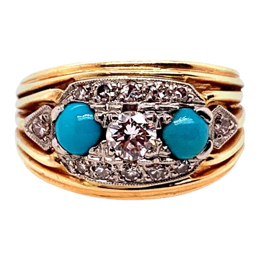 Retro Birks Gold Cocktail Ring 0.45 Carat Natural Diamond & Turquoise circa 1960