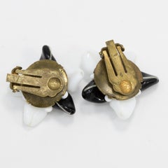 Retro Black and White Flower Milk Glass Crystal Clip on Earrings, Brass