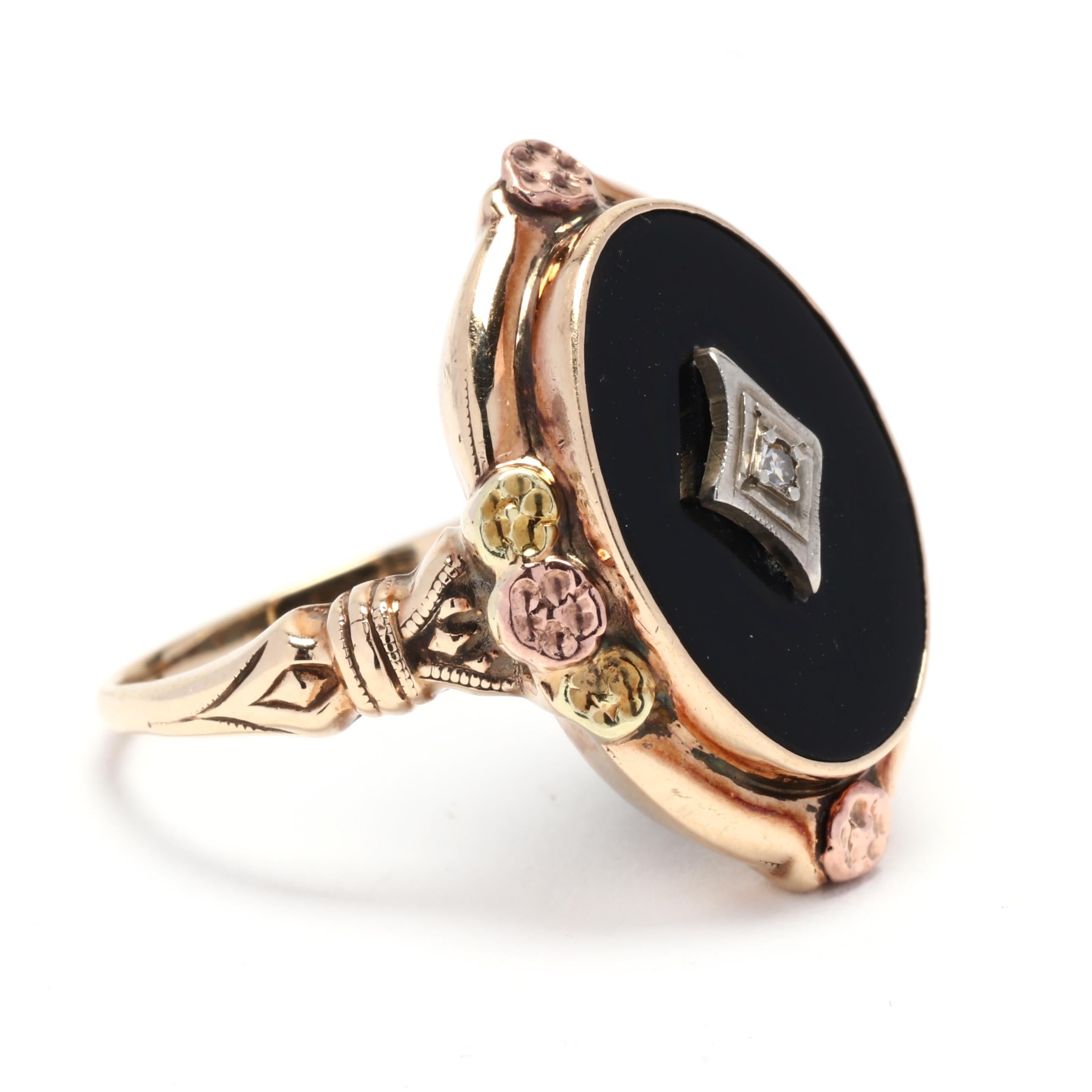 This retro-inspired black onyx diamond ring is a stunning statement piece that will add a touch of vintage charm to any outfit. Crafted in 10K yellow and rose gold, the ring features a rectangular black onyx gemstone at the center. The onyx is