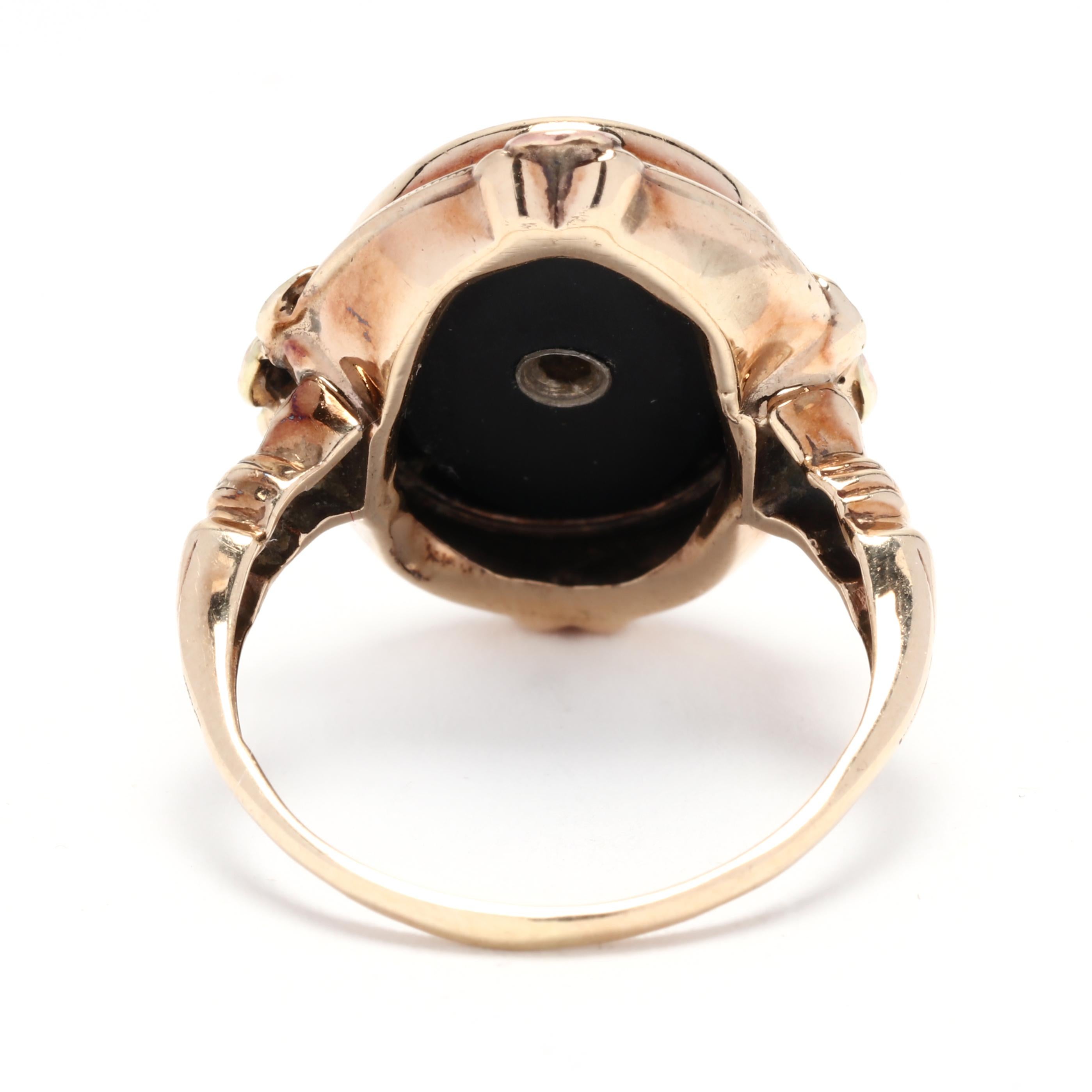 Oval Cut Retro Black Onyx Diamond Ring, 10K Yellow Rose Gold, Ring Size 6.25, Black Onyx 