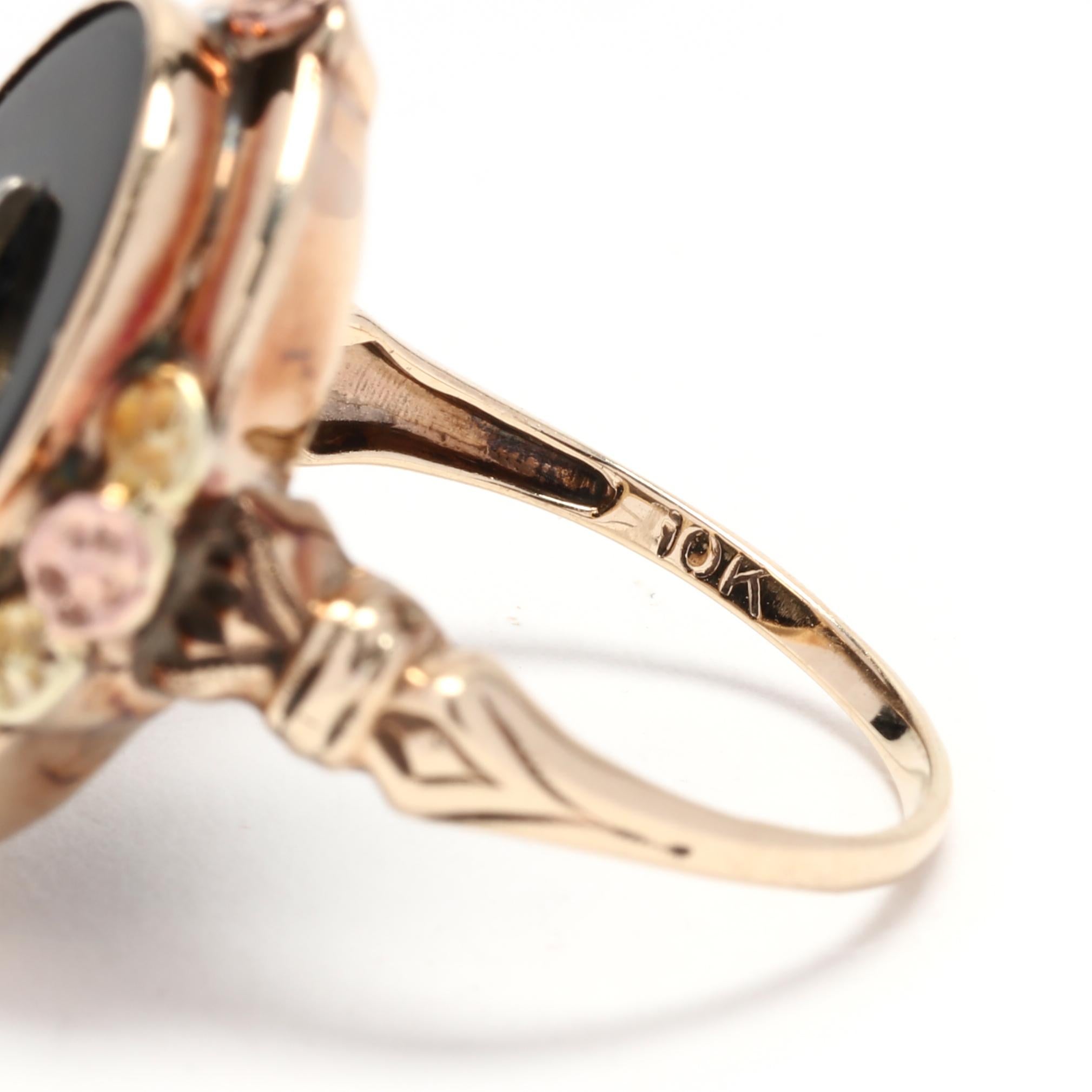 Women's or Men's Retro Black Onyx Diamond Ring, 10K Yellow Rose Gold, Ring Size 6.25, Black Onyx 
