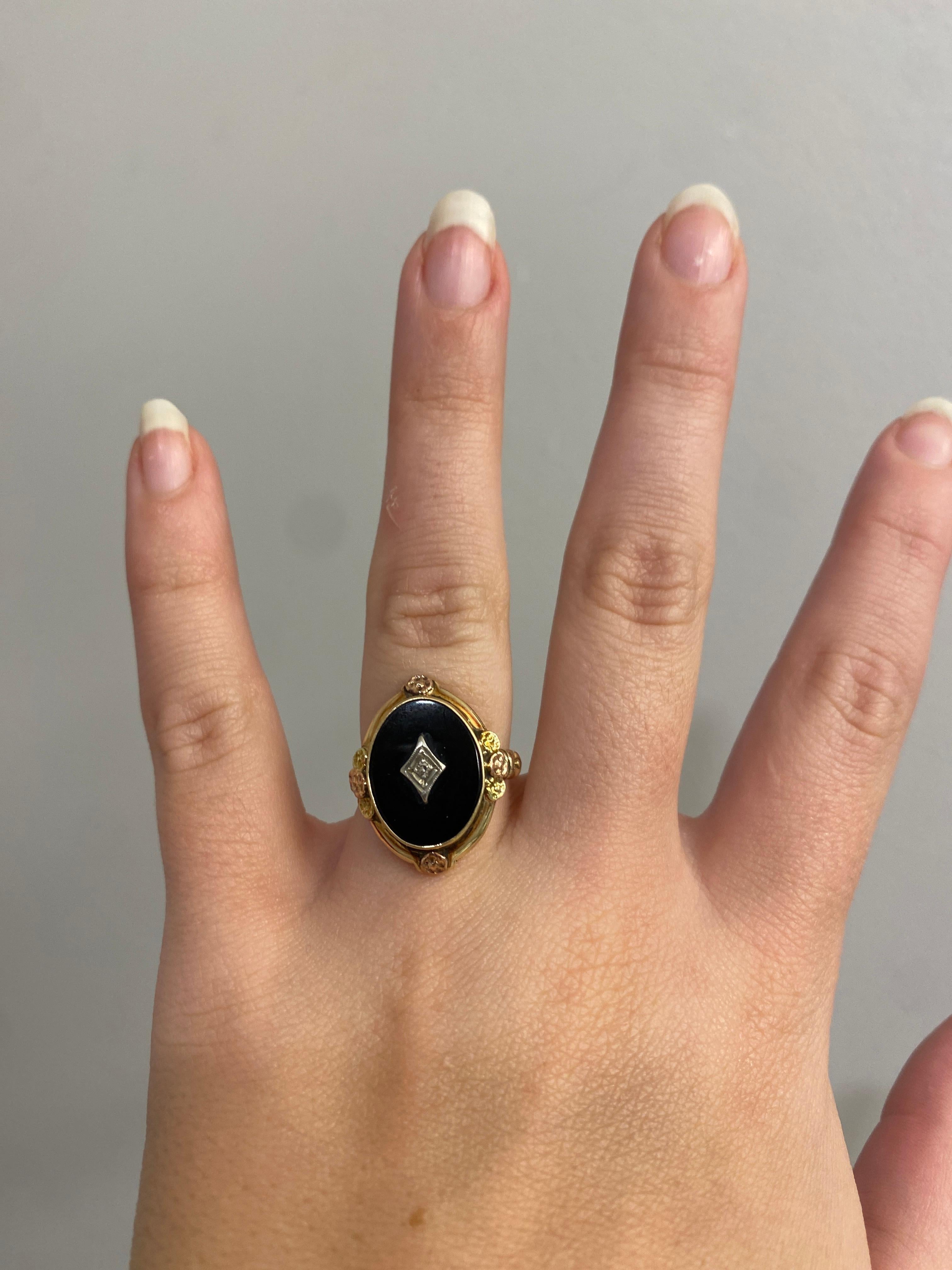 Retro Black Onyx Diamond Ring, 10K Yellow Rose Gold, Ring Size 6.25, Black Onyx  2