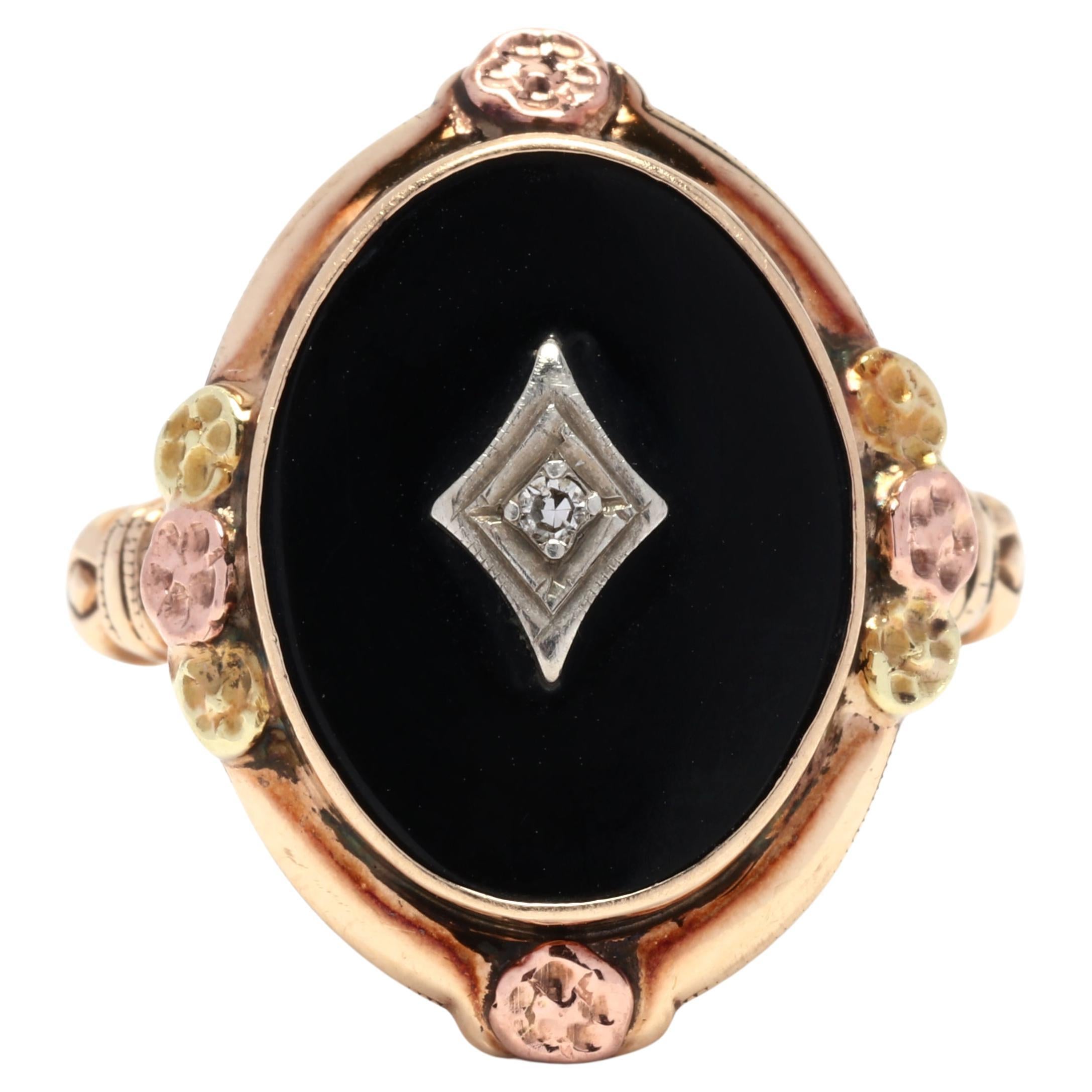 Retro Black Onyx Diamond Ring, 10K Yellow Rose Gold, Ring Size 6.25, Black Onyx 