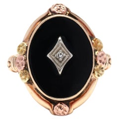 Retro Black Onyx Diamond Ring, 10K Yellow Rose Gold, Ring Size 6.25, Black Onyx 