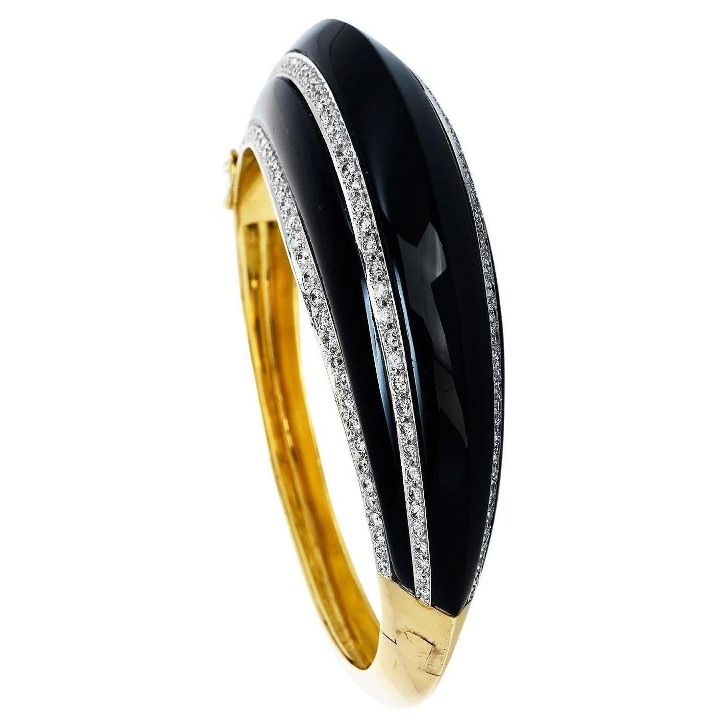 Retro Schwarzer Onyx Diamant Gelbgold Dome Armspange Armband im Angebot