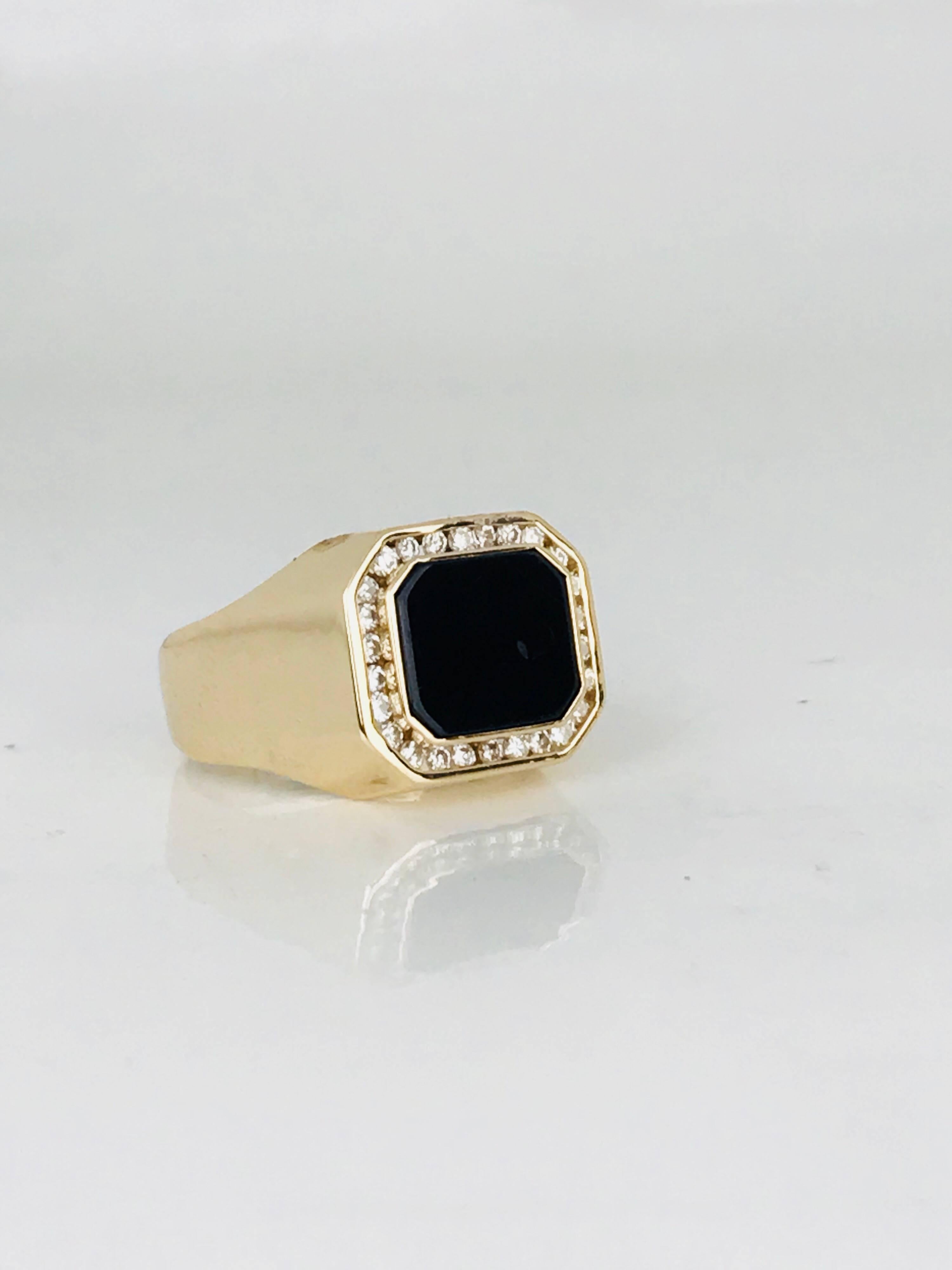 Retro Black Onyx Gent Yellow Gold Ring, .80 Carat Channel-Set Diamonds For Sale 4