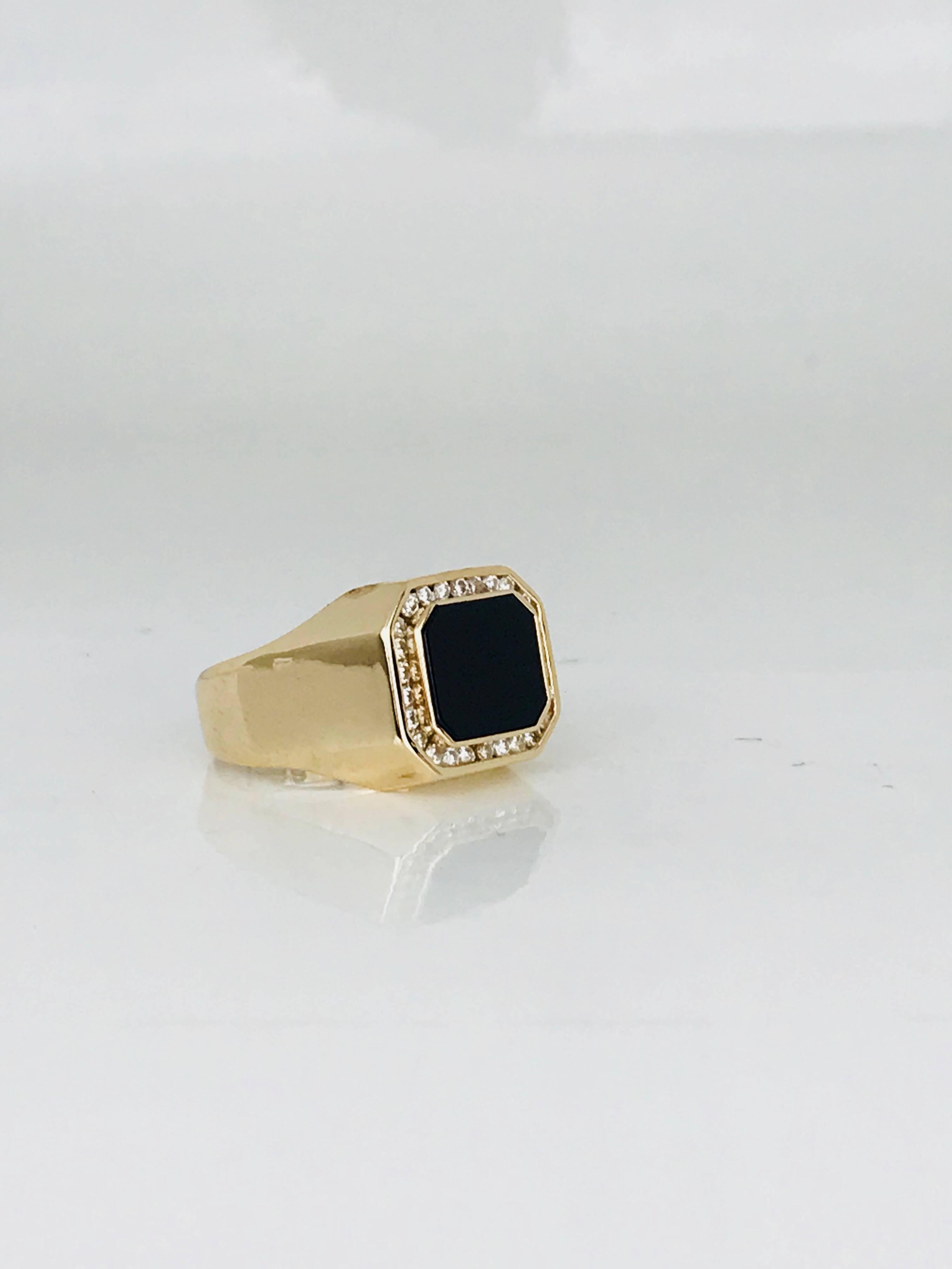 Women's or Men's Retro Black Onyx Gent Yellow Gold Ring, .80 Carat Channel-Set Diamonds For Sale