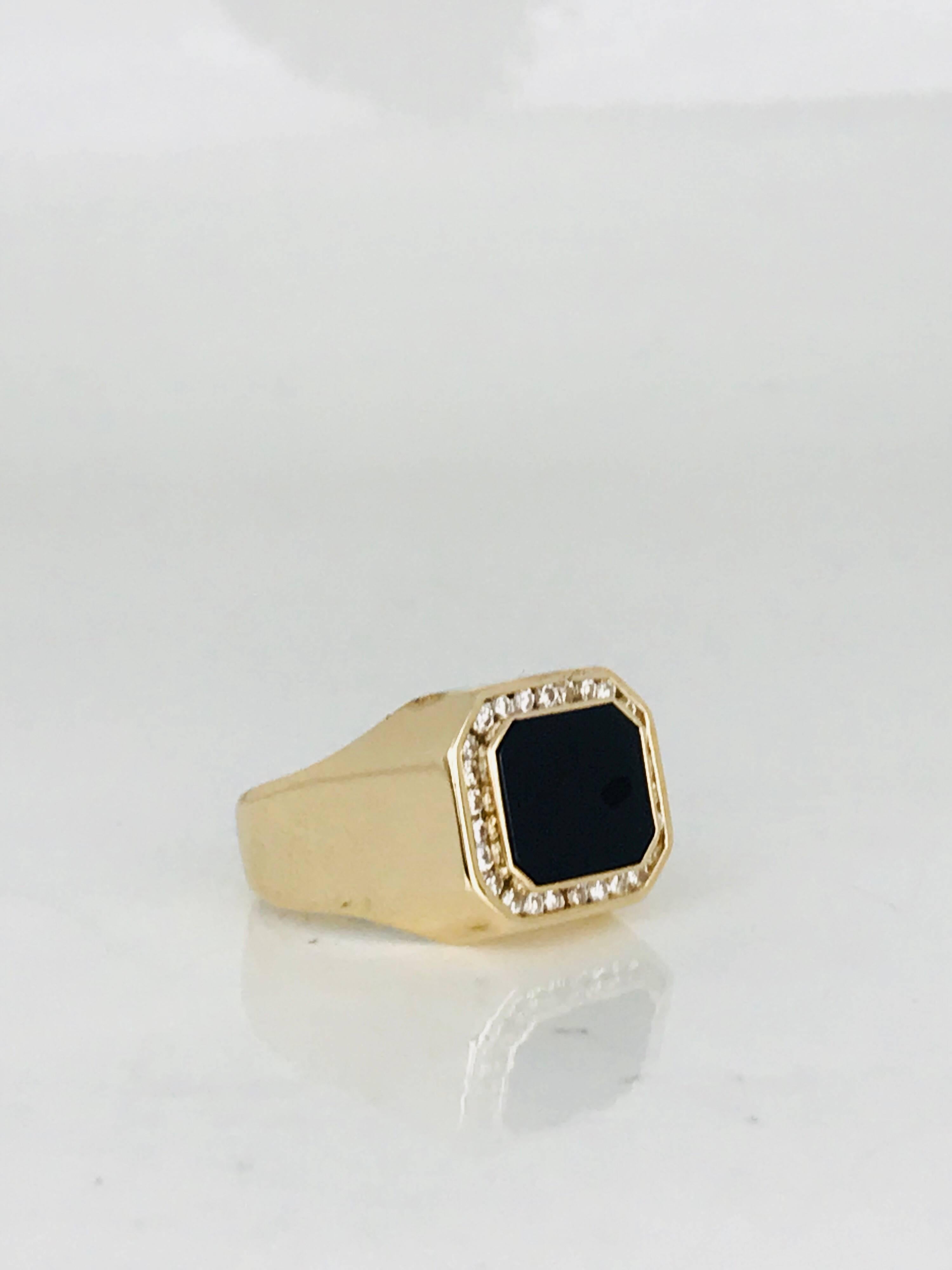 Retro Black Onyx Gent Yellow Gold Ring, .80 Carat Channel-Set Diamonds For Sale 3