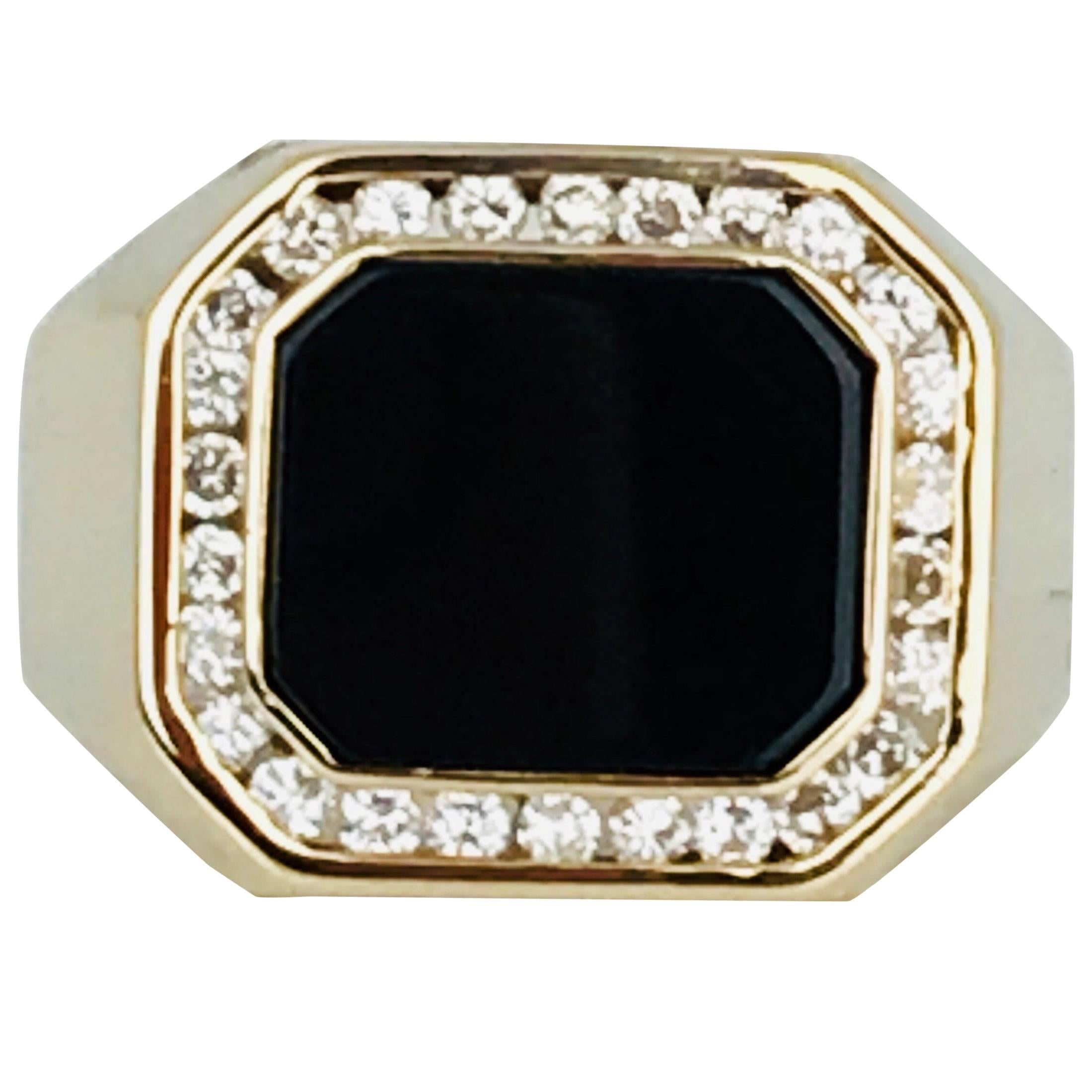 Retro Black Onyx Gent Yellow Gold Ring, .80 Carat Channel-Set Diamonds For Sale