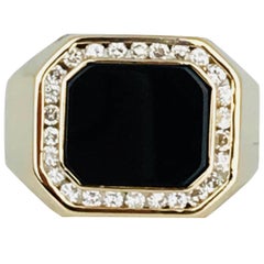 Retro Black Onyx Gent Yellow Gold Ring, .80 Carat Channel-Set Diamonds