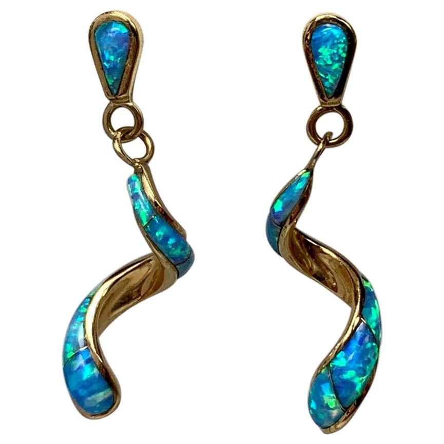Retro Black Opal Earrings 14 Karat Gold Swirl Pendant Estate