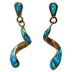 Retro Black Opal Earrings 14 Karat Gold Swirl Pendant Estate Jewelry