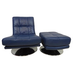 Retro Blue Leather Swivel Chair and Footstool