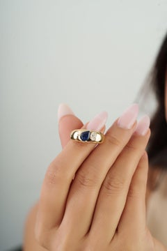 Retro Blue Sapphire & Oval Diamond Cigar Wide Band Ring 14K Yellow Gold