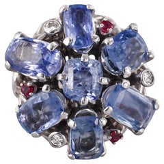 Retro Blue Sapphire Ruby Diamond Gold Cocktail Ring