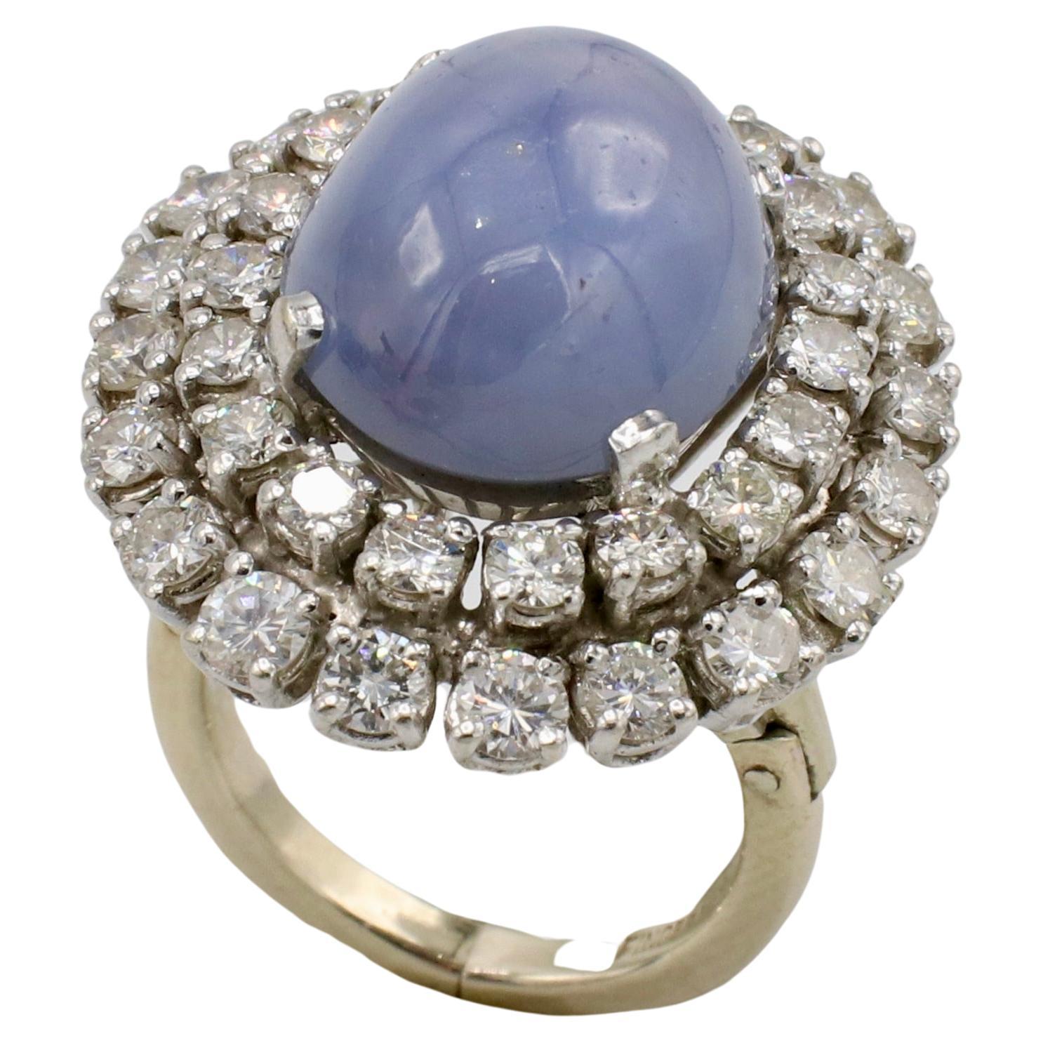 Cabochon Retro Blue Star Sapphire & Natural Diamond Double Halo Cocktail Dome Ring 