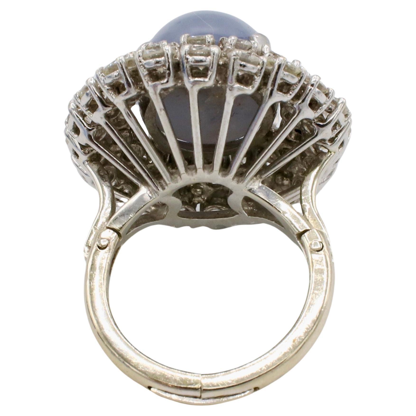 Women's or Men's Retro Blue Star Sapphire & Natural Diamond Double Halo Cocktail Dome Ring 