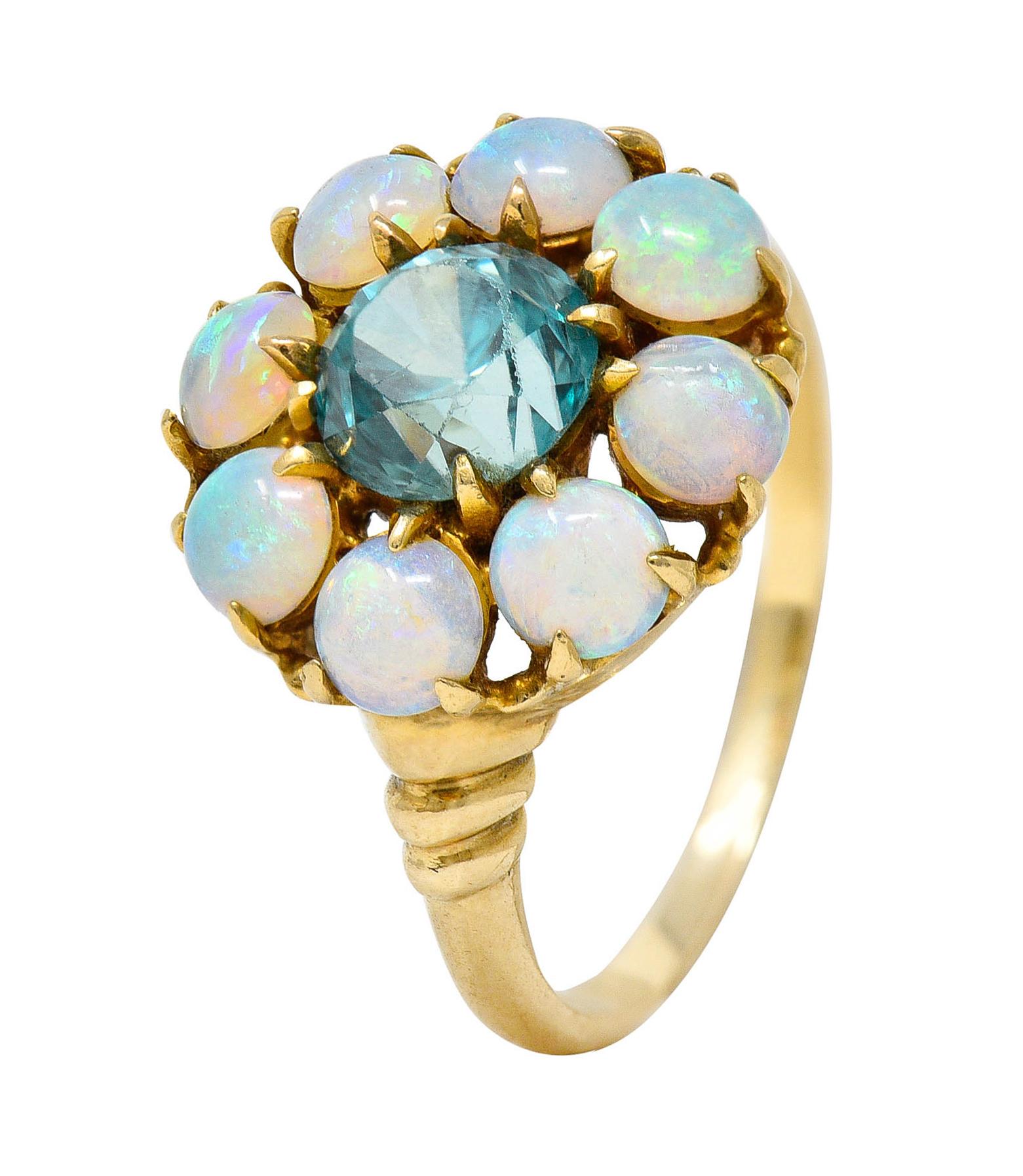 Retro Blue Zircon Opal 14 Karat Gold Cluster Ring 5