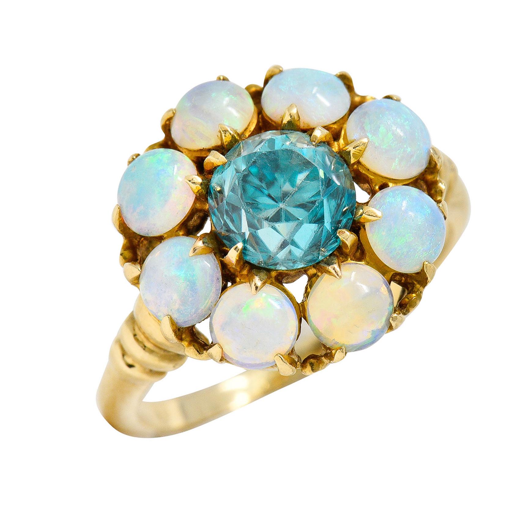 Retro Blue Zircon Opal 14 Karat Gold Cluster Ring 7