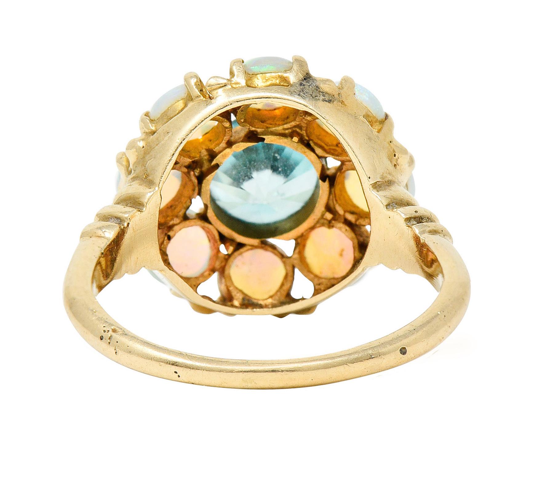 Round Cut Retro Blue Zircon Opal 14 Karat Gold Cluster Ring