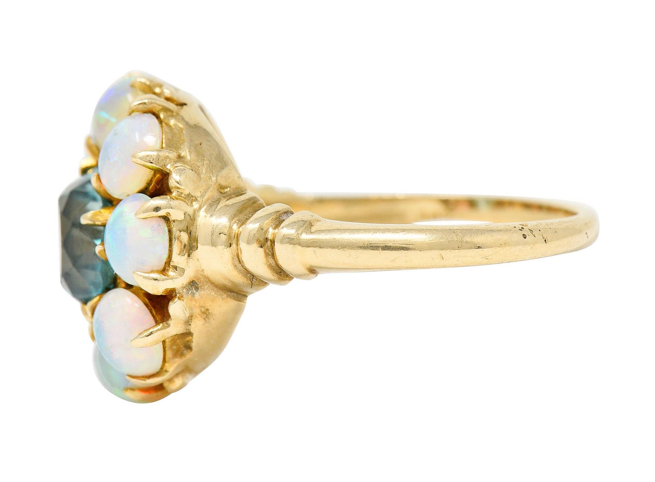 Retro Blue Zircon Opal 14 Karat Gold Cluster Ring In Excellent Condition In Philadelphia, PA
