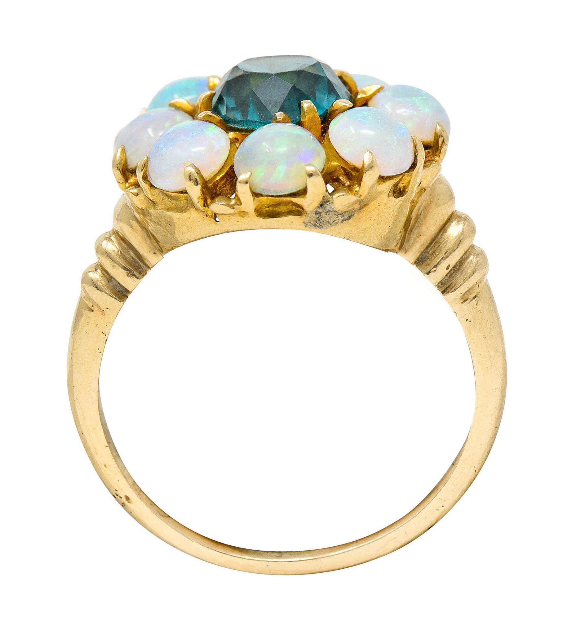 Retro Blue Zircon Opal 14 Karat Gold Cluster Ring 3