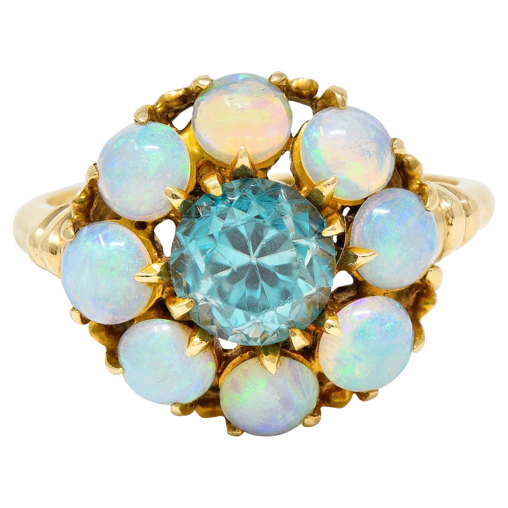 Retro Blue Zircon Opal 14 Karat Gold Cluster Ring