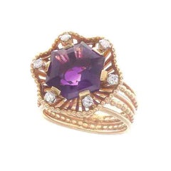 Retro Boucheron Amethyst Diamond Gold Blossoming Flower Ring