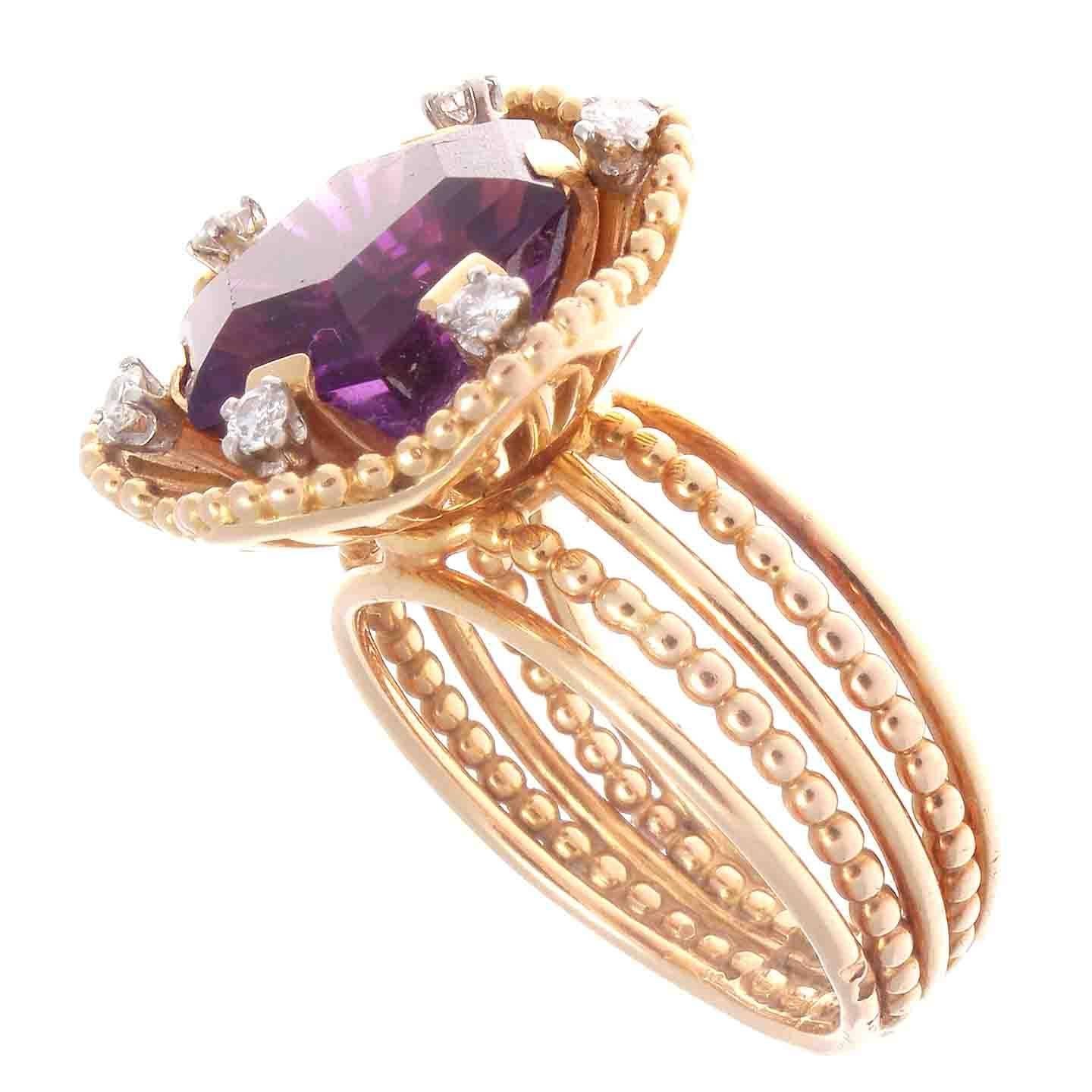 Retro Boucheron Amethyst Diamond Gold Blossoming Flower Ring In Excellent Condition In Beverly Hills, CA