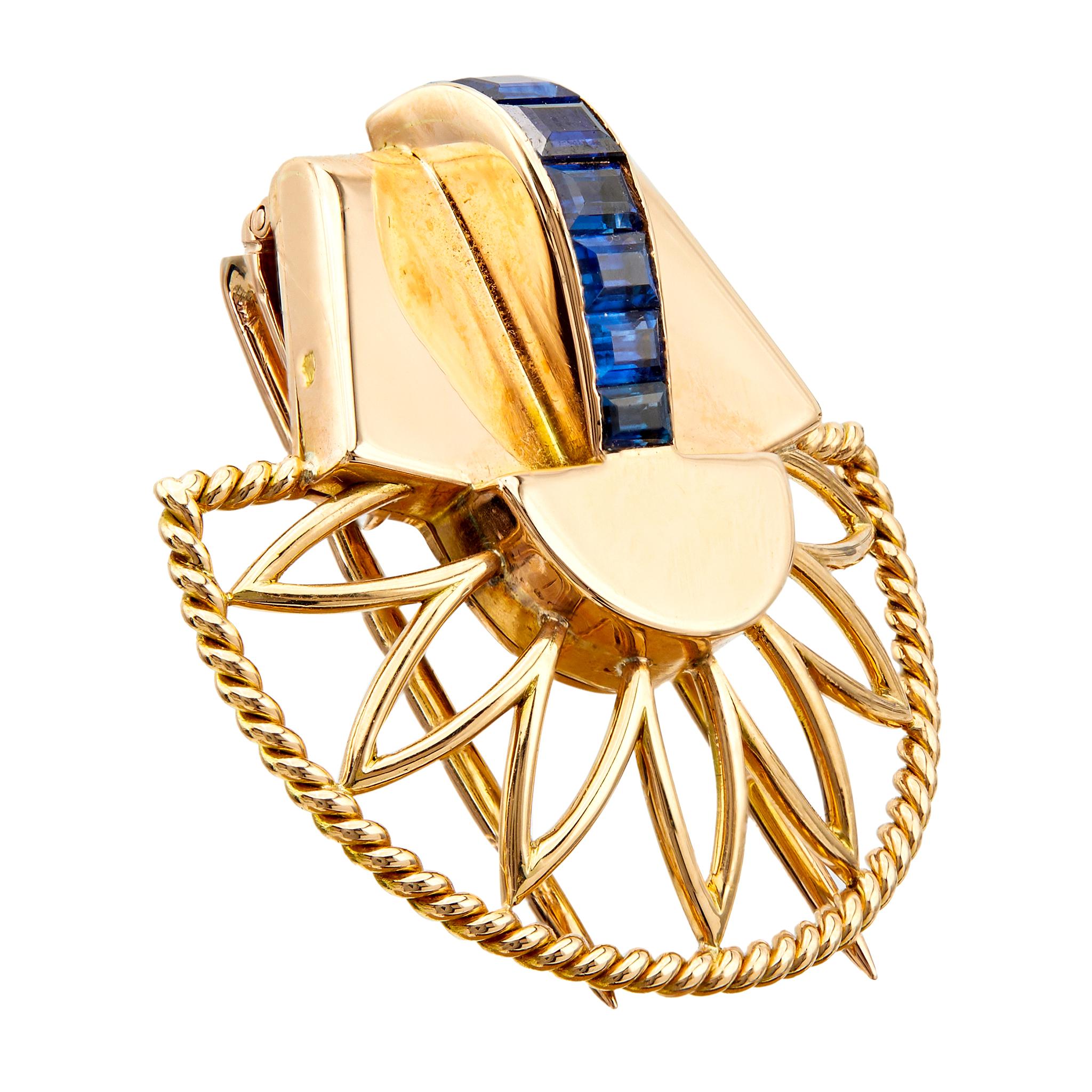 Retro Boucheron French Sapphire 18k Rose Gold Brooch In Good Condition For Sale In Beverly Hills, CA