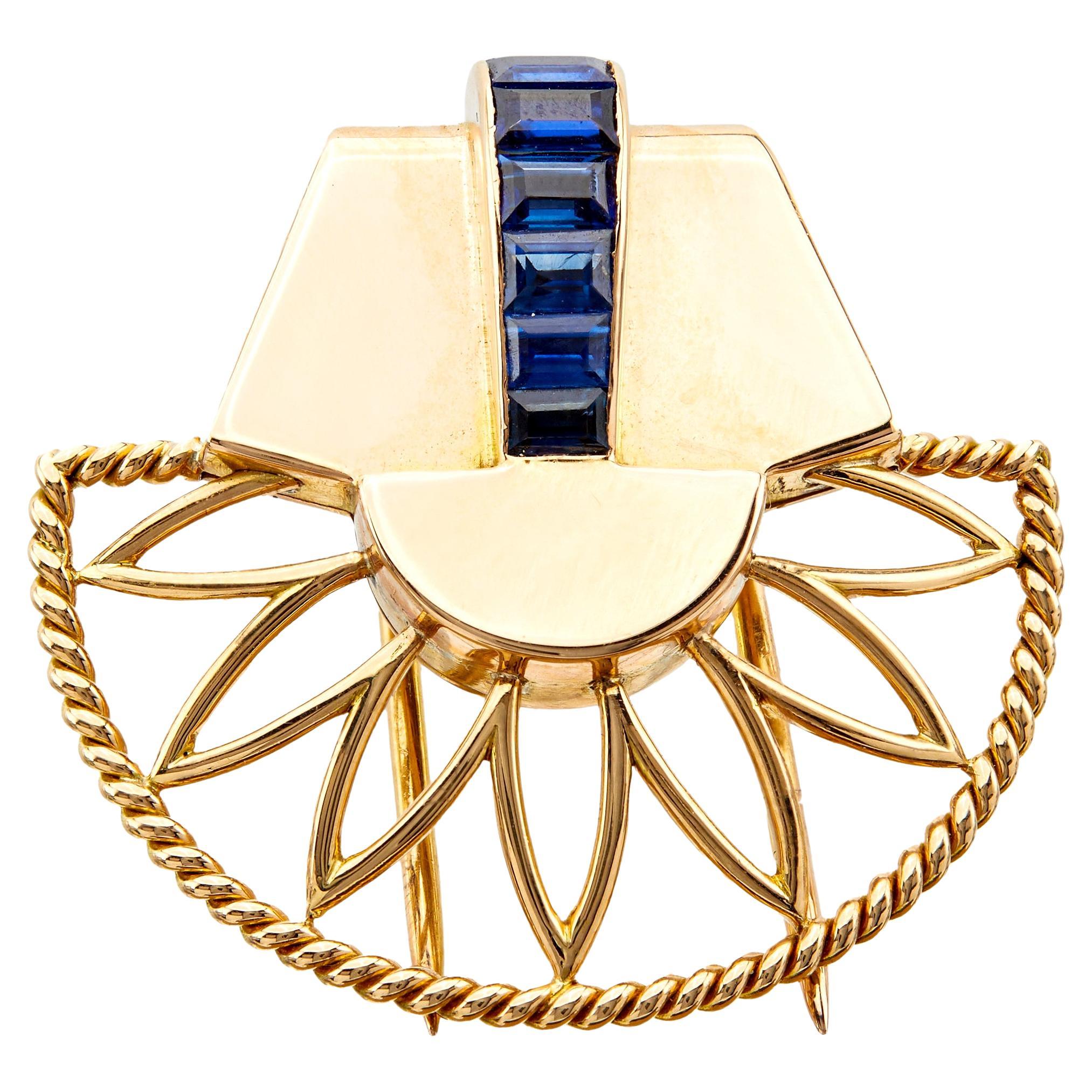 Retro Boucheron French Sapphire 18k Rose Gold Brooch For Sale
