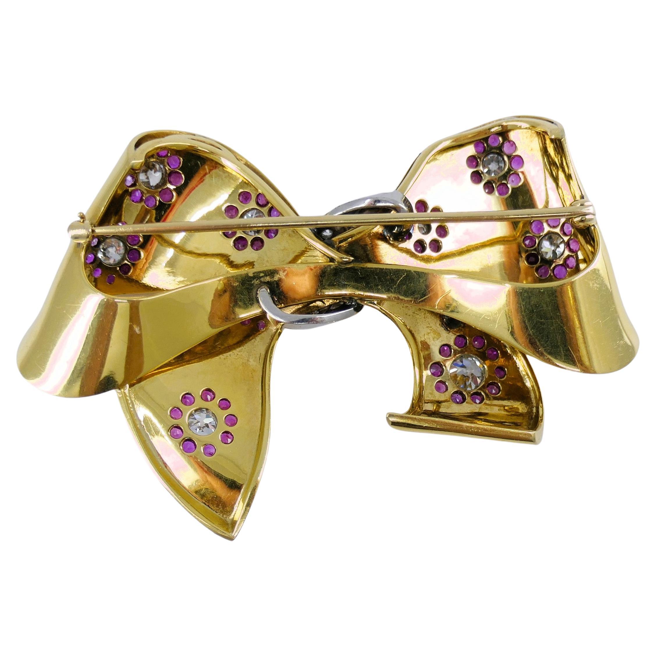 Women's or Men's Retro Bow Brooch Pin 18k Gold Ruby Diamond Estate Jewelry For Sale