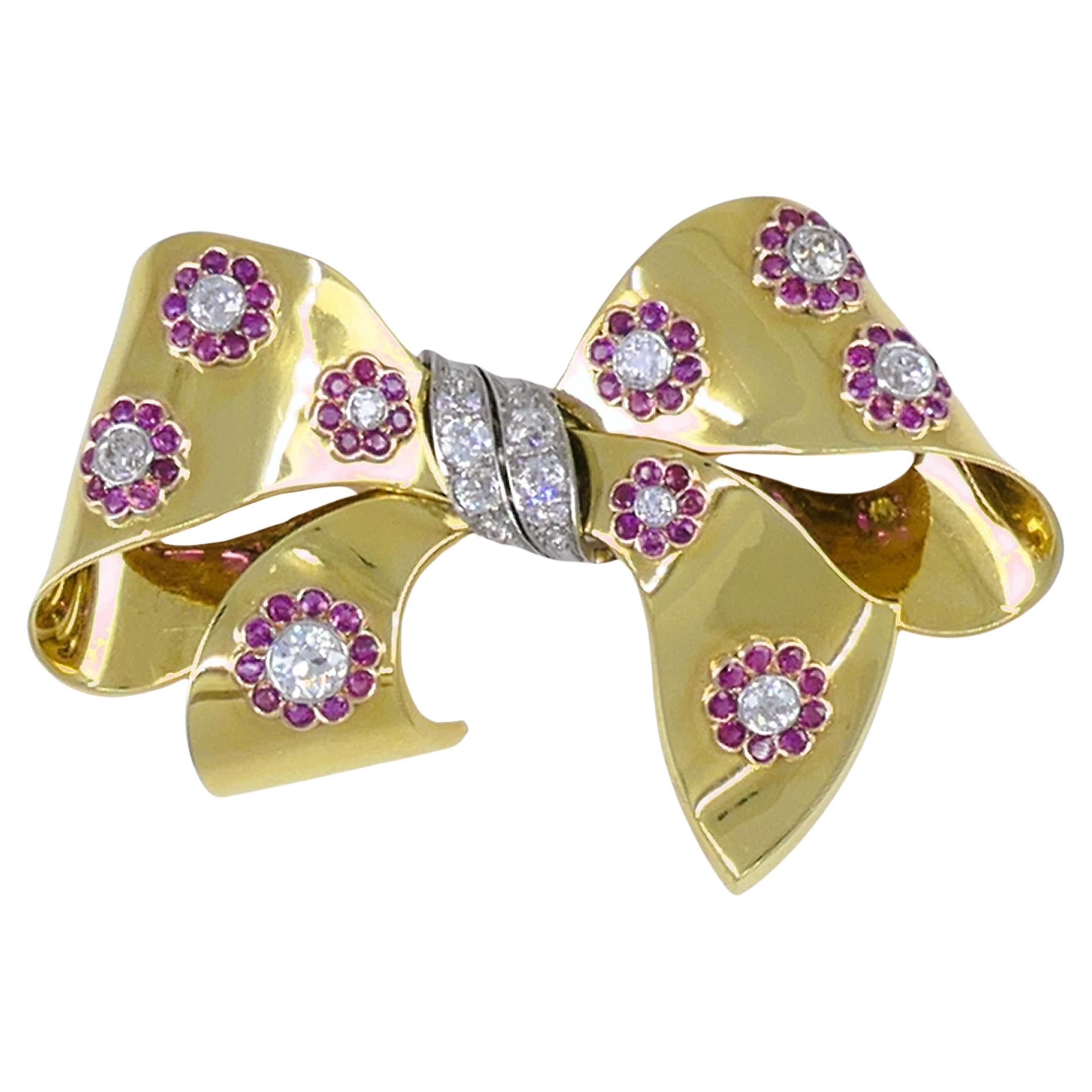 Retro Bow Brooch Pin 18k Gold Ruby Diamond Estate Jewelry For Sale