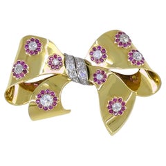 Used Bow Brooch Pin 18k Gold Ruby Diamond Estate Jewelry