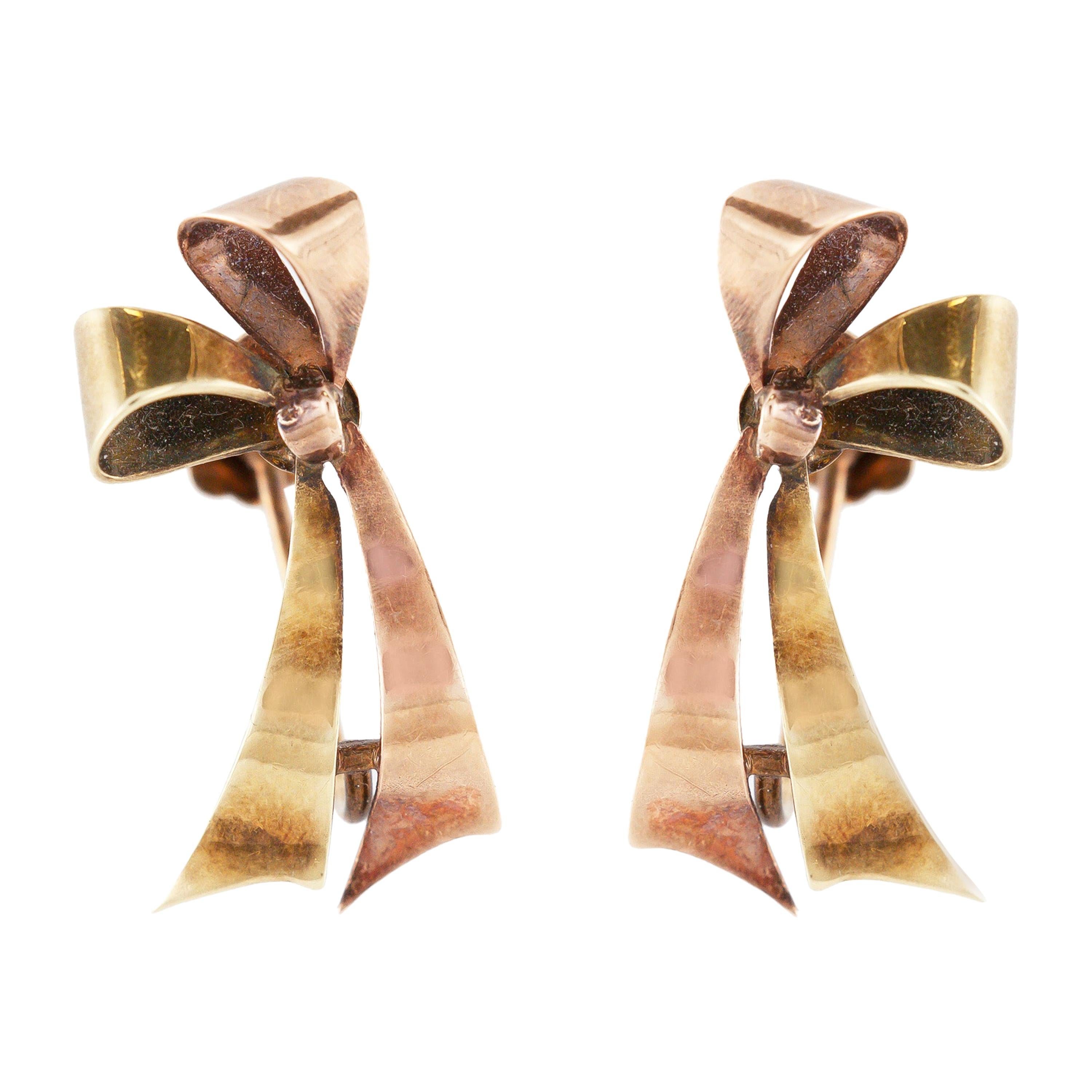 Retro Bow-Tie Dual Tone Gold Earrings