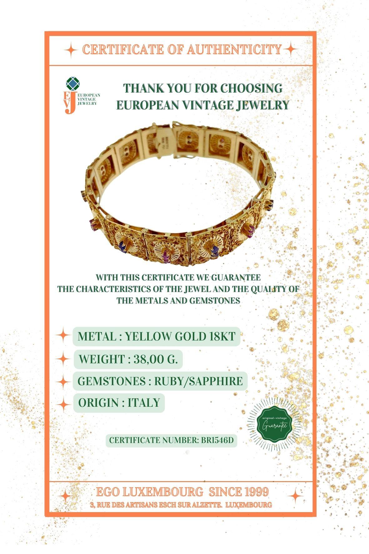 Bracelet rétro Brevetto en or jaune, rubis et saphirs en vente 4
