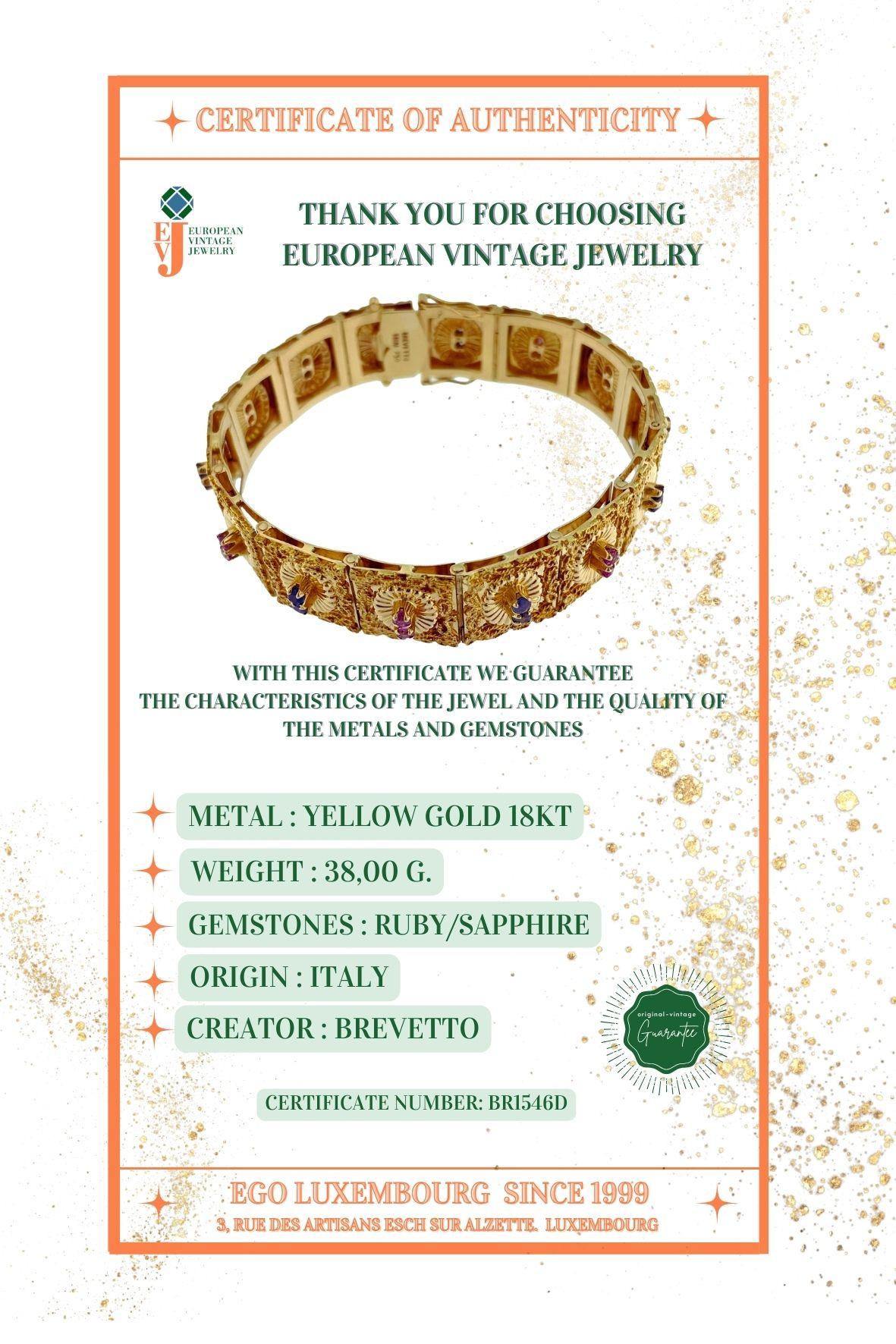 Retro Bracelet by Brevetto Yellow Gold Rubies and Sapphires For Sale 2