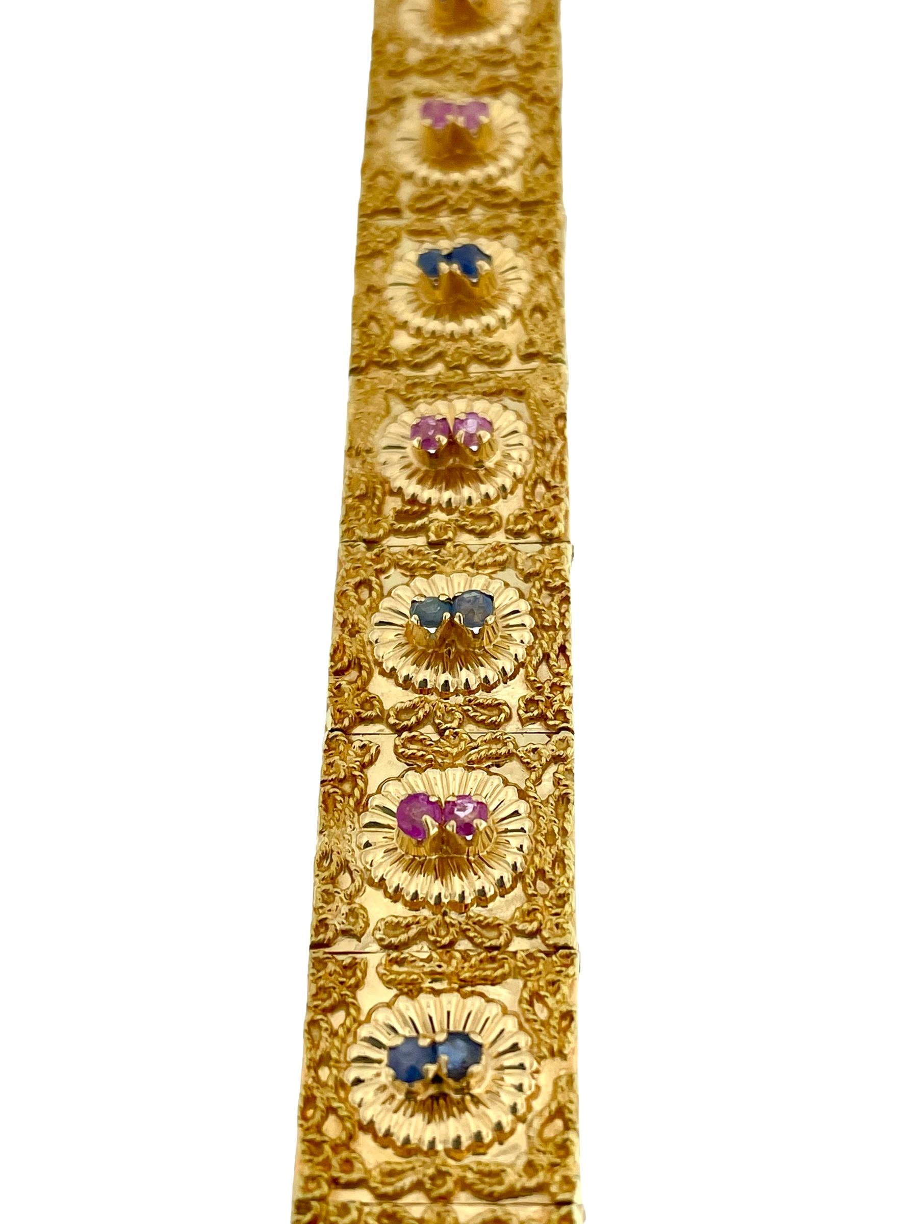 Bracelet rétro Brevetto en or jaune, rubis et saphirs Excellent état - En vente à Esch sur Alzette, Esch-sur-Alzette