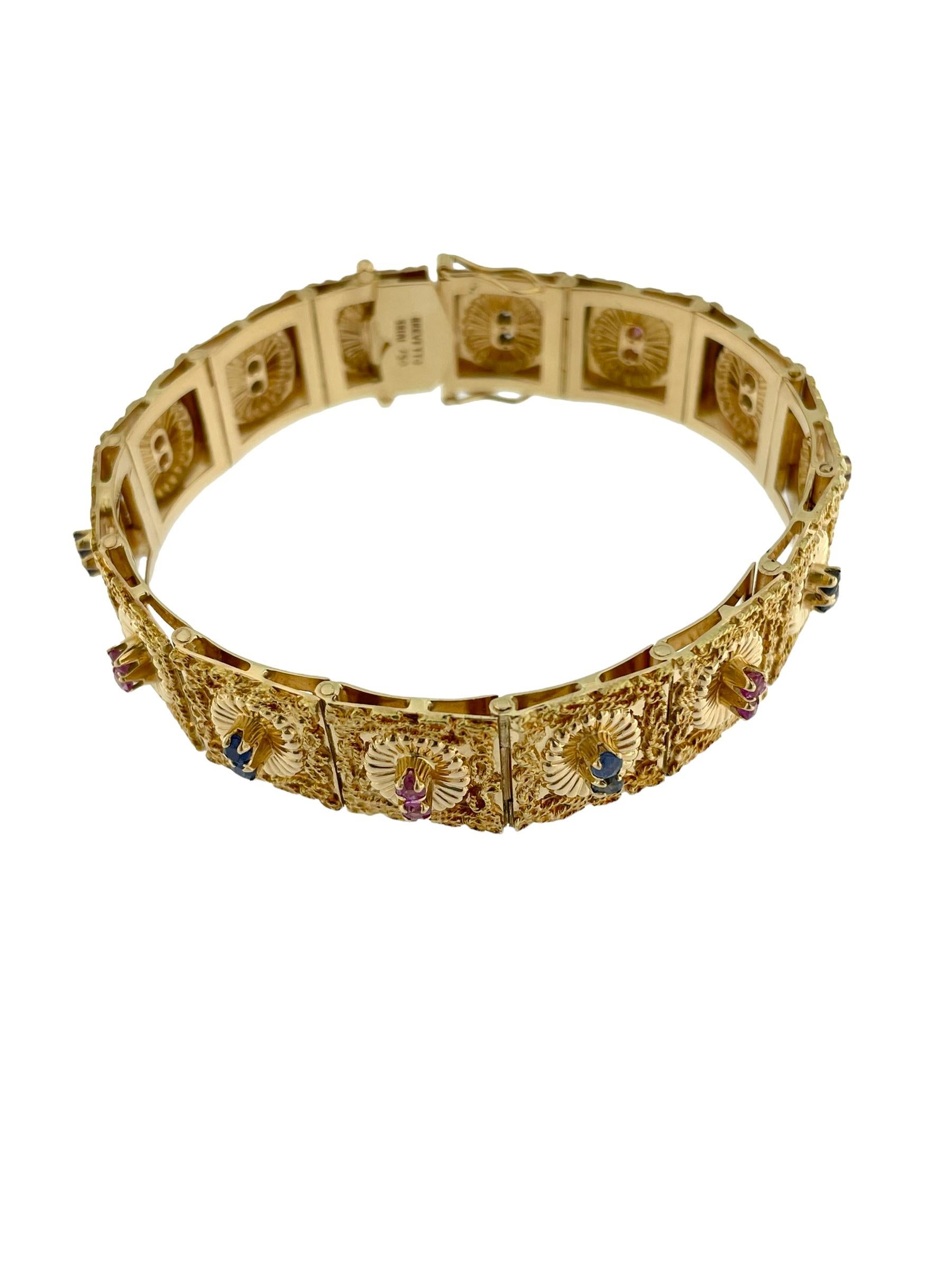 Bracelet rétro Brevetto en or jaune, rubis et saphirs en vente 3