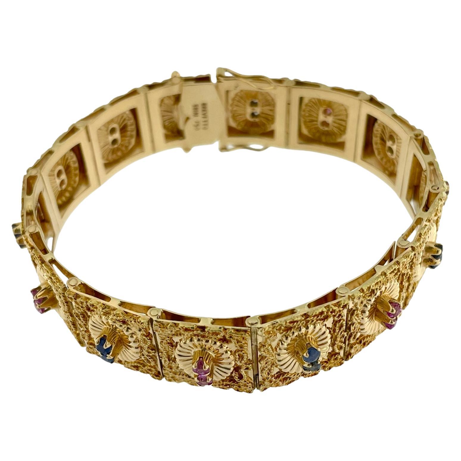Retro Bracelet by Brevetto Yellow Gold Rubies and Sapphires For Sale