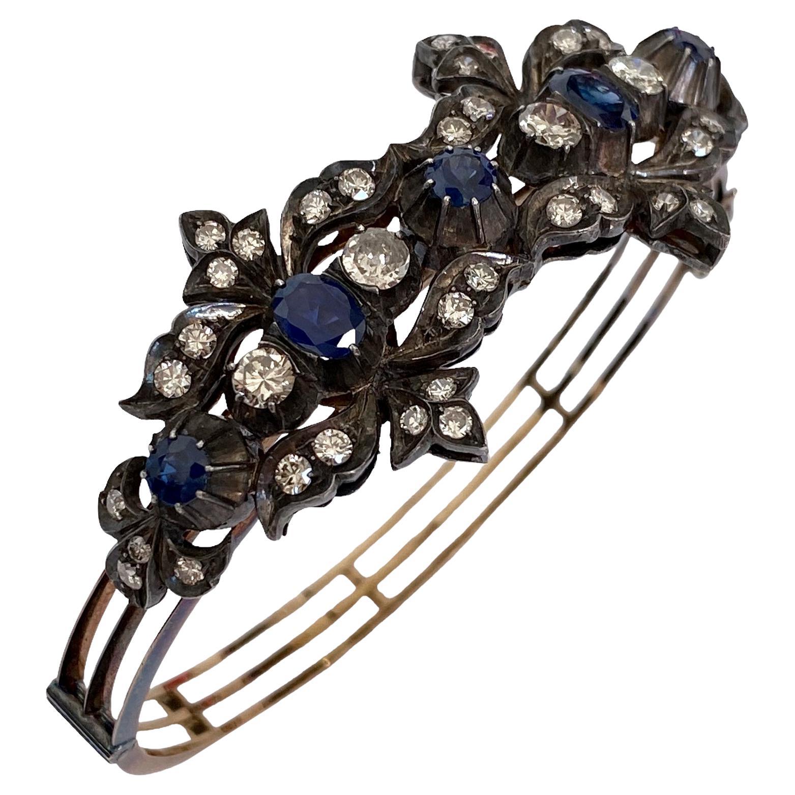 Retro Bracelet with Natural Diamonds and Natural Sapphires, 18kt Gold For Sale