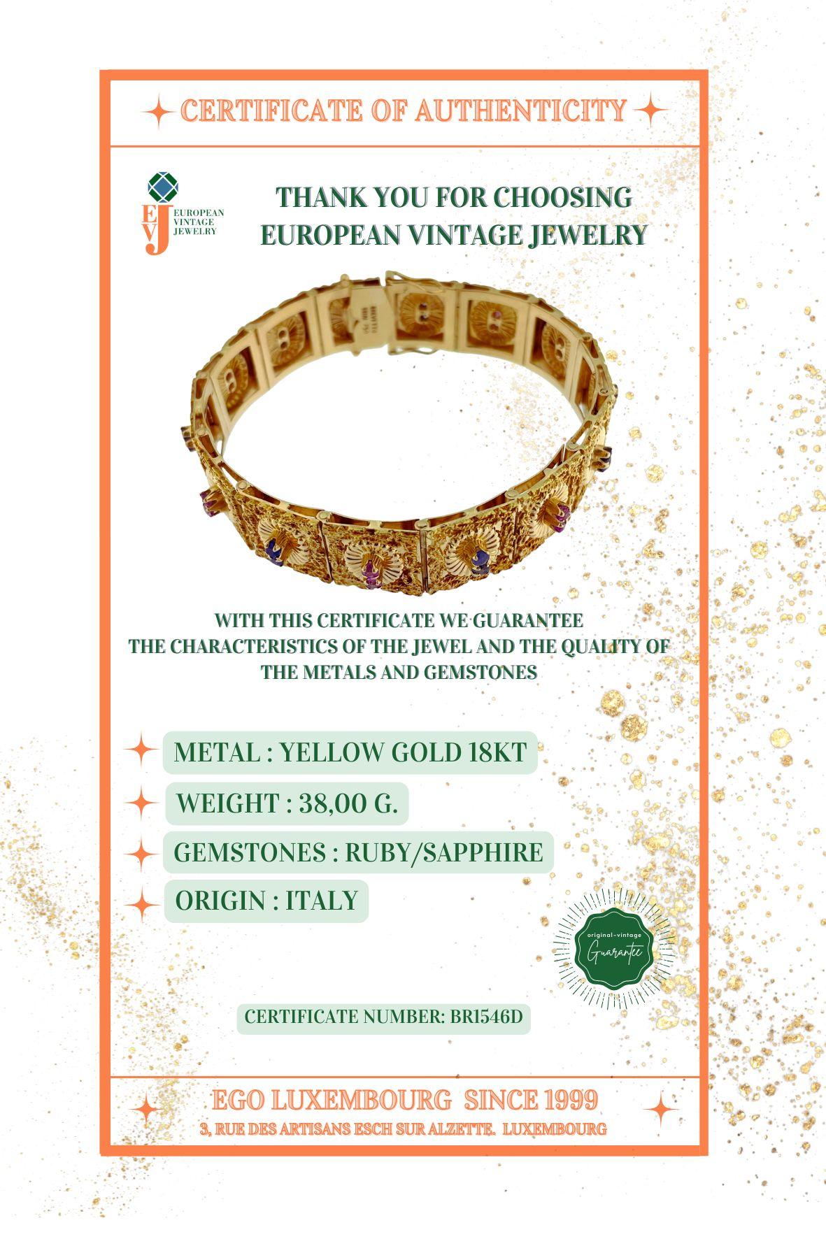 Bracelet rétro Brevetto en or jaune, rubis et saphirs en vente 4