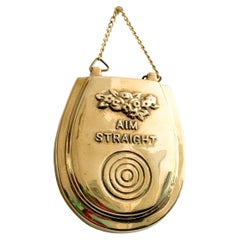 Retro Brass "Aim Straight" Toilet-Shaped Wall Plaque 1970s Humor Bathroom Sign