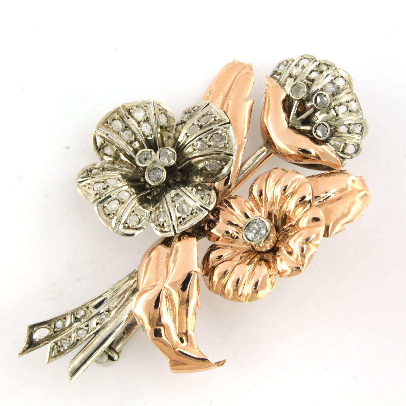 Mixed Cut Retro Brooch set with Diamonds pink gold and silver For Sale