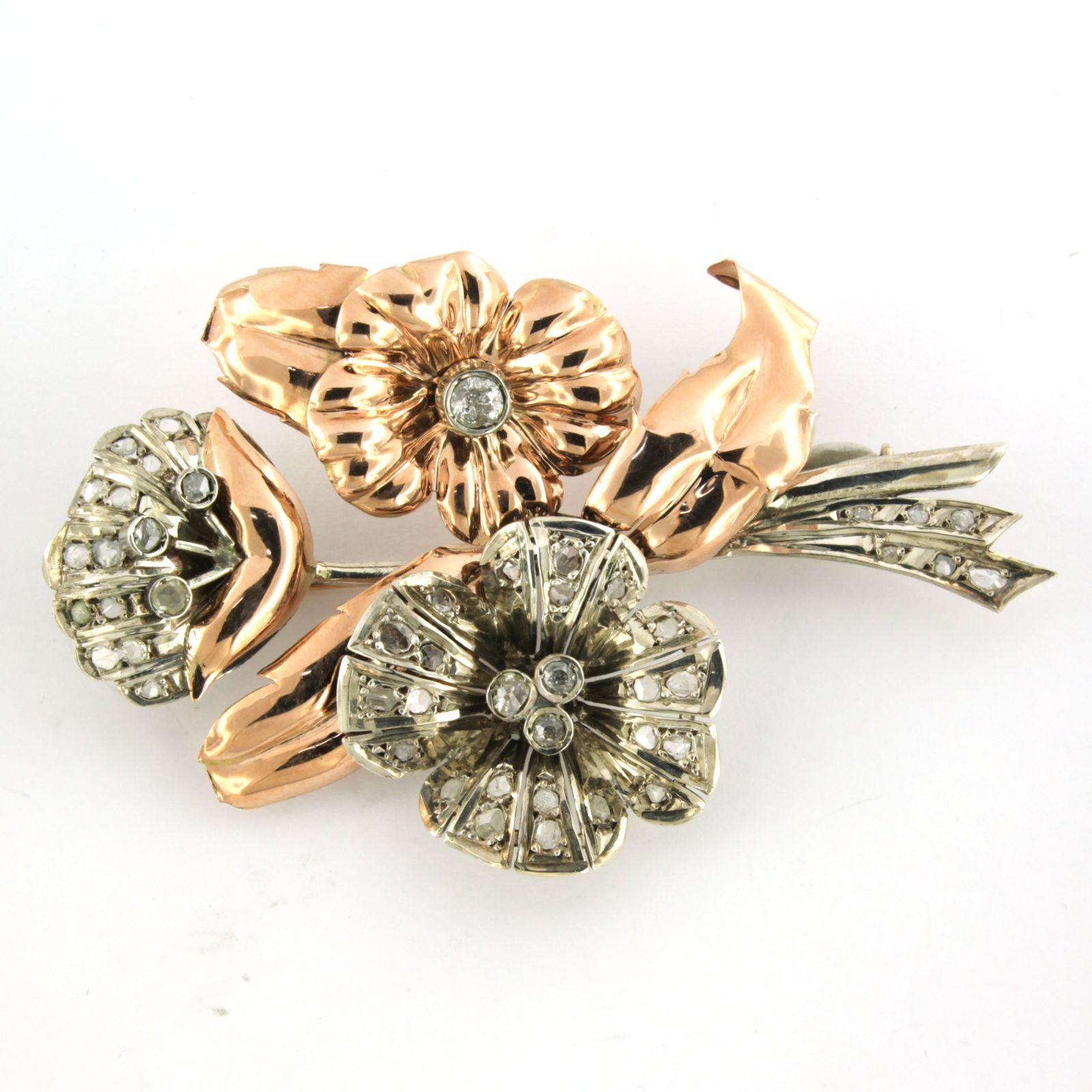 Retro Brooch set with Diamonds pink gold and silver In Good Condition For Sale In The Hague, ZH