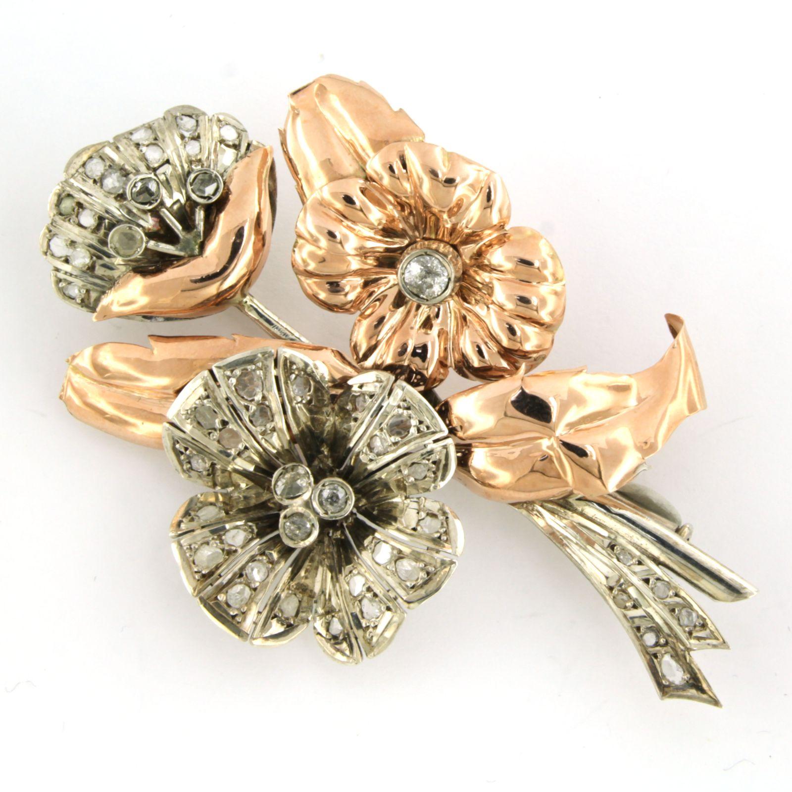 Women's or Men's Retro Brooch set with Diamonds pink gold and silver For Sale