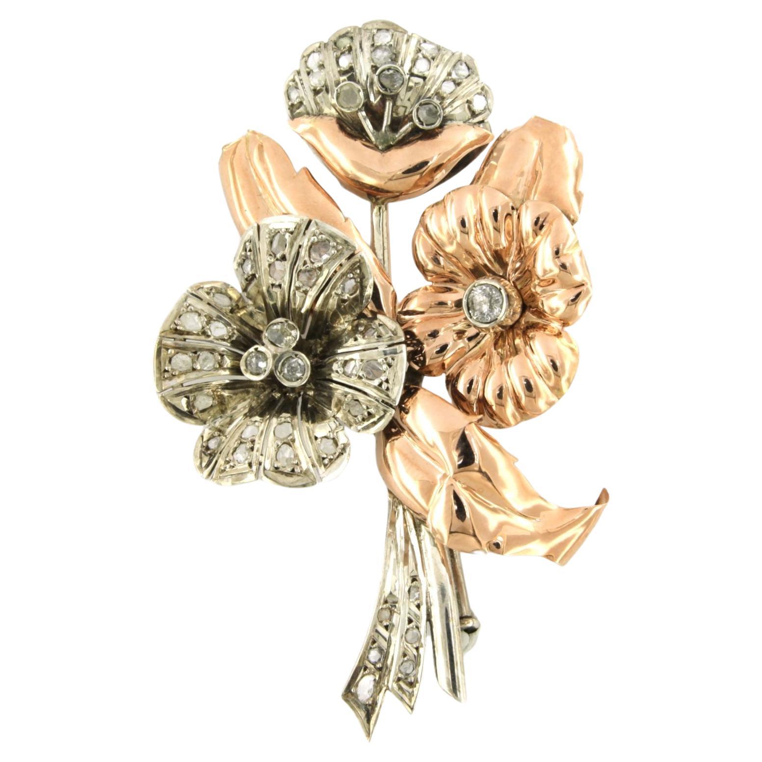 Retro Brooch set with Diamonds pink gold and silver For Sale